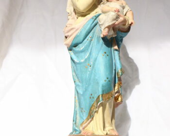 Grande vierge Ste Marie à l’enfant Jésus plâtre polychrome réhaussé à la feuille d’or